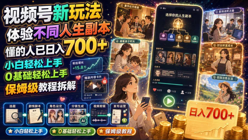 视频号新玩法体验不同人生副本，懂的人已日入700+，小白轻松上手，0基础轻松上手，保姆级教程拆解-心思维创富网_网上创业教程_网络创业项目
