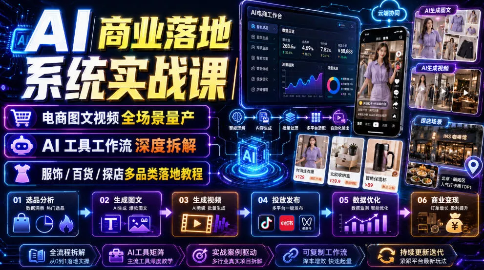 AI商业落地系统实战课｜电商图文视频全场景量产・AI工具工作流深度拆解・服饰/百货/探店多品类落地教程-心思维创富网_网上创业教程_网络创业项目