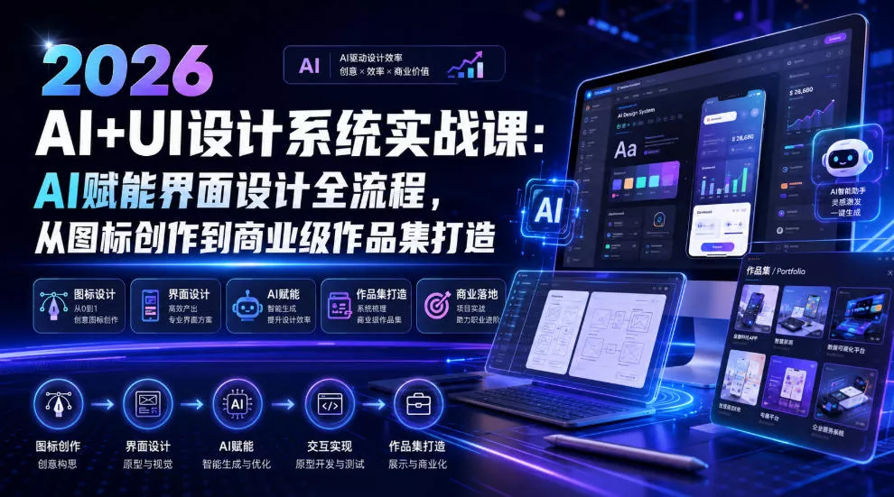 2026 AI+UI设计系统实战课：AI赋能界面设计全流程，从图标创作到商业级作品集打造-心思维创富网_网上创业教程_网络创业项目