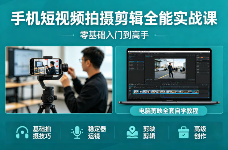 手机短视频拍摄剪辑全能实战课：零基础入门到高手，稳定器运镜+电脑剪映全套自学教程-心思维创富网_网上创业教程_网络创业项目