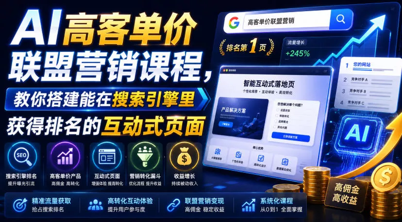 AI高客单价联盟营销课程，教你搭建能在搜索引擎里获得排名的互动式页面，引来流量，把访客转化为高佣金的成交【原创双语字幕】-心思维创富网_网上创业教程_网络创业项目