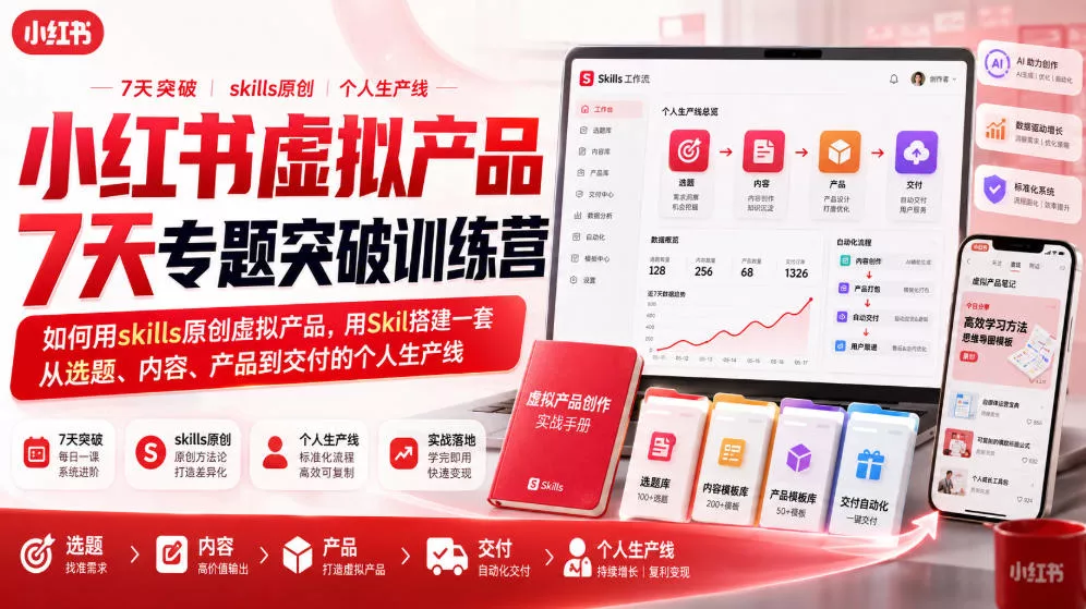 小红书虚拟产品7天专题突破训练营，如何用skills原创虚拟产品，用Skil搭建一套从选题、内容、产品到交付的个人生产线-心思维创富网_网上创业教程_网络创业项目