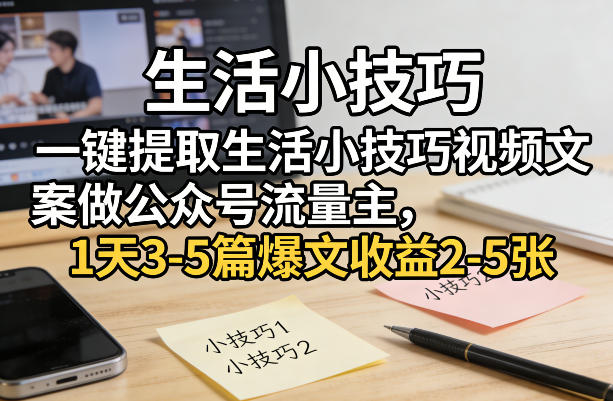 一键提取生活小技巧视频文案做公众号流量主，1天3-5篇爆文收益2-5张-心思维创富网_网上创业教程_网络创业项目