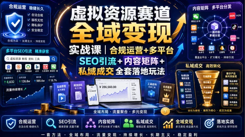 虚拟资源赛道全域变现实战课｜合规运营+多平台SEO引流+内容矩阵+私域成交全套落地玩法-心思维创富网_网上创业教程_网络创业项目