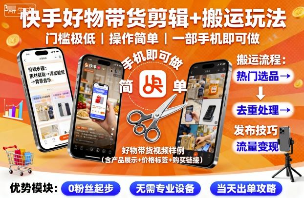 快手好物带货剪辑+搬运玩法，门槛极低，操作简单，一部手机即可玩做-心思维创富网_网上创业教程_网络创业项目