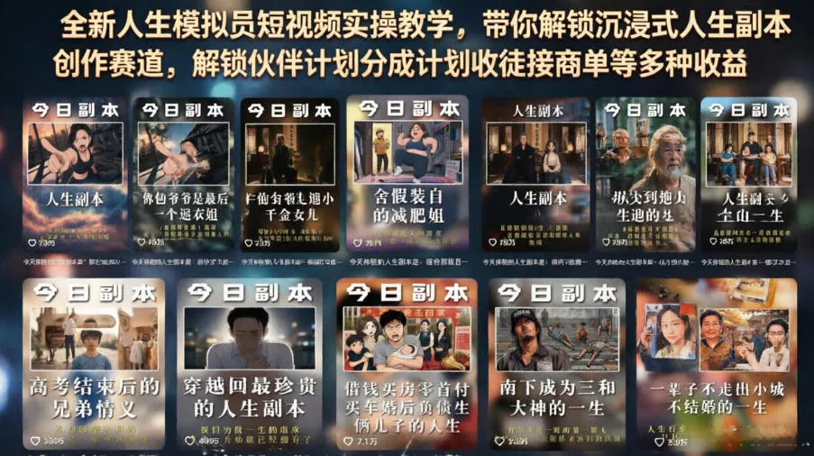 全新人生模拟员短视频实操教学，带你解锁沉浸式人生副本创作赛道，解锁伙伴计划分成计划收徒接商单等多种收益-心思维创富网_网上创业教程_网络创业项目