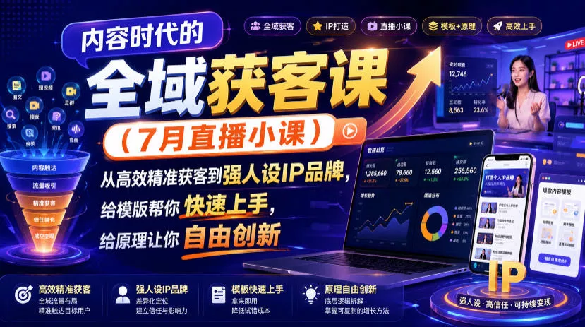 内容时代的全域获客课(7月直播小课)，从高效精准获客到强人设IP品牌，给模版帮你快速上手，给原理让你自由创新-心思维创富网_网上创业教程_网络创业项目