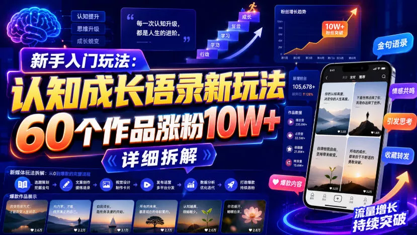 新手入门玩法：认知成长语录新玩法，60个作品涨粉10W+，详细拆解-心思维创富网_网上创业教程_网络创业项目