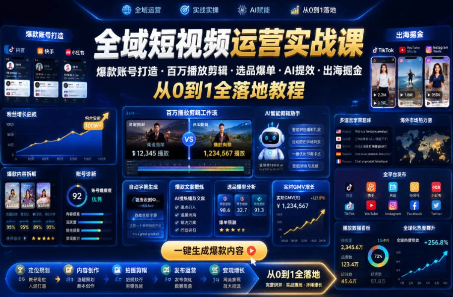 全域短视频运营实战课，爆款账号打造・百万播放剪辑・选品爆单・AI提效・出海掘金，从0到1全落地教程-心思维创富网_网上创业教程_网络创业项目