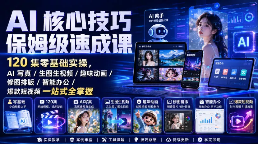 AI核心技巧保姆级速成课｜120集零基础实操，AI写真/生图生视频/趣味动画/修图排版/智能办公/爆款短视频一站式全掌握-心思维创富网_网上创业教程_网络创业项目