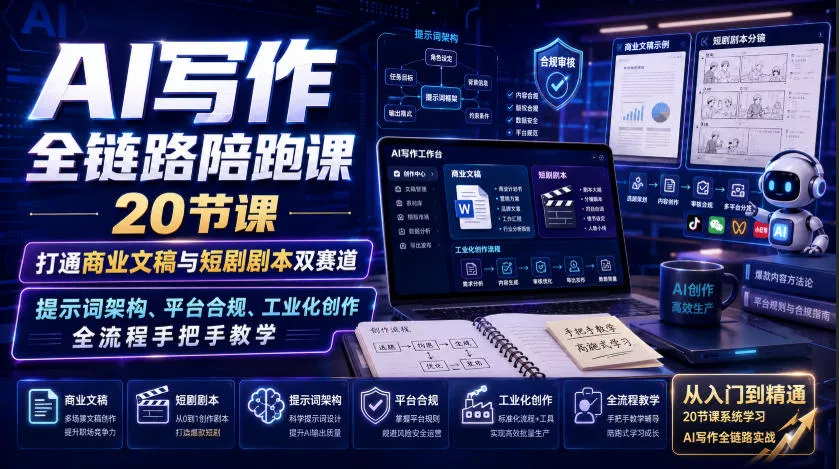 AI写作全链路陪跑课｜20节课打通商业文稿与短剧剧本双赛道，提示词架构、平台合规、工业化创作全流程手把手教学-心思维创富网_网上创业教程_网络创业项目