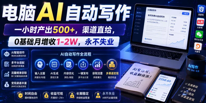 电脑AI自动写作，一小时产出500+，渠道直给，0基础月增收1-2W，永不失业【揭秘】-心思维创富网_网上创业教程_网络创业项目