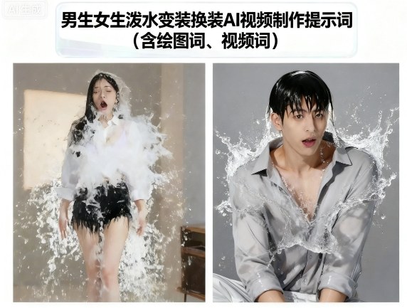 男生女生泼水变装换装AI视频制作提示词(含绘图词、视频词)-心思维创富网_网上创业教程_网络创业项目