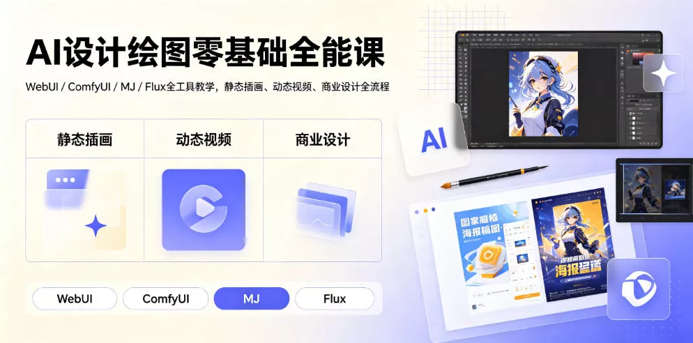 AI设计绘图零基础全能课｜WebUI/ComfyUI/MJ/Flux全工具教学，静态插画、动态视频、商业设计全流程-心思维创富网_网上创业教程_网络创业项目
