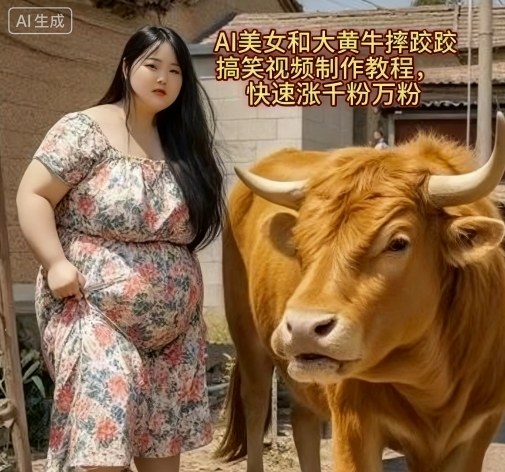 AI美女和大黄牛摔跤搞笑荒诞视频制作教程，快速涨千粉万粉-心思维创富网_网上创业教程_网络创业项目