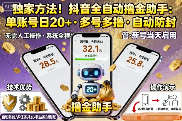 独家方法！最新抖音系列全自动挂G撸金助手，单账号一天20+，多号多撸，自动防封【揭秘】-心思维创富网_网上创业教程_网络创业项目