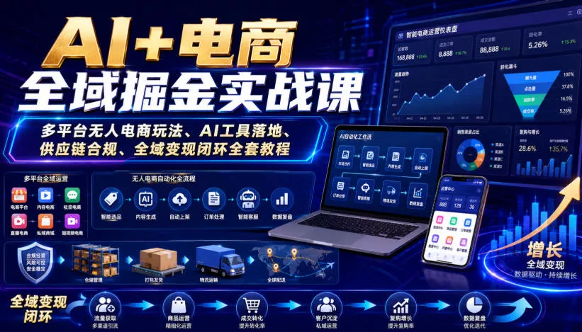 AI+电商全域掘金实战课｜多平台无人电商玩法、AI工具落地、供应链合规、全域变现闭环全套教程-心思维创富网_网上创业教程_网络创业项目
