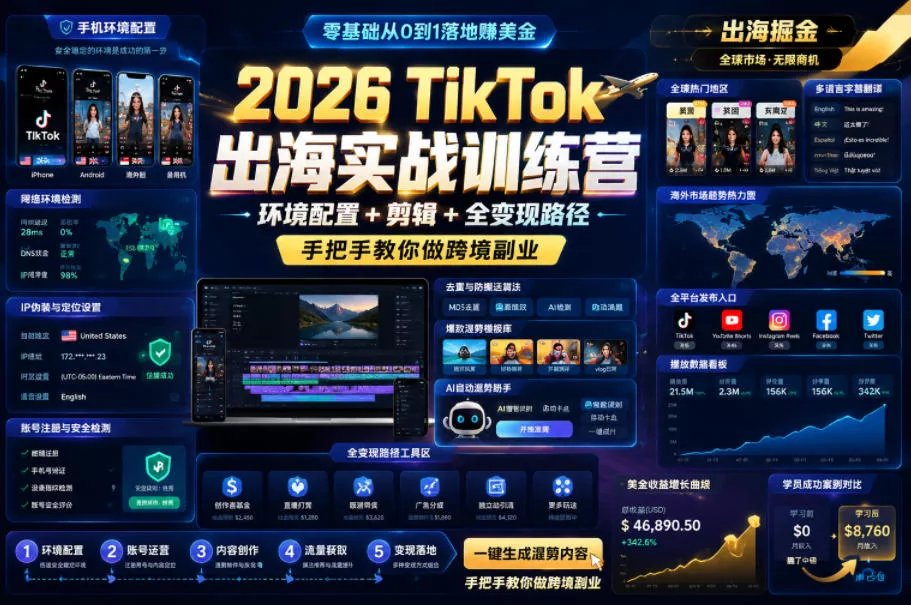 2026 TikTok出海实战训练营，环境配置 + 剪辑 + 全变现路径，手把手教你做跨境副业-心思维创富网_网上创业教程_网络创业项目